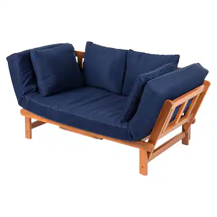 Front. SlickBlue - Convertible Outdoor Sofa Futon in Acacia Wood with Removable Pillows - Navy Blue.