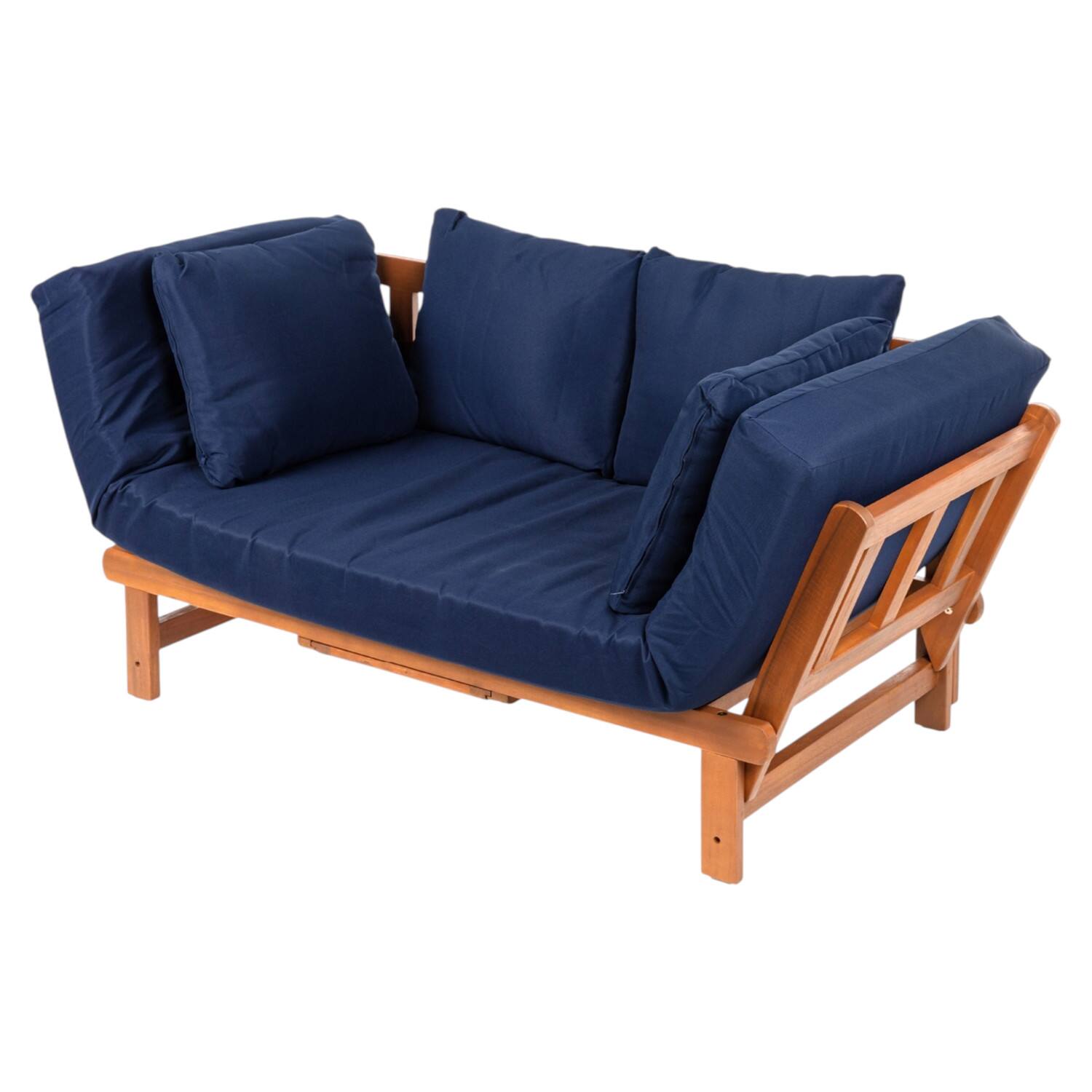 Front. SlickBlue - Convertible Outdoor Sofa Futon in Acacia Wood with Removable Pillows - Navy Blue.