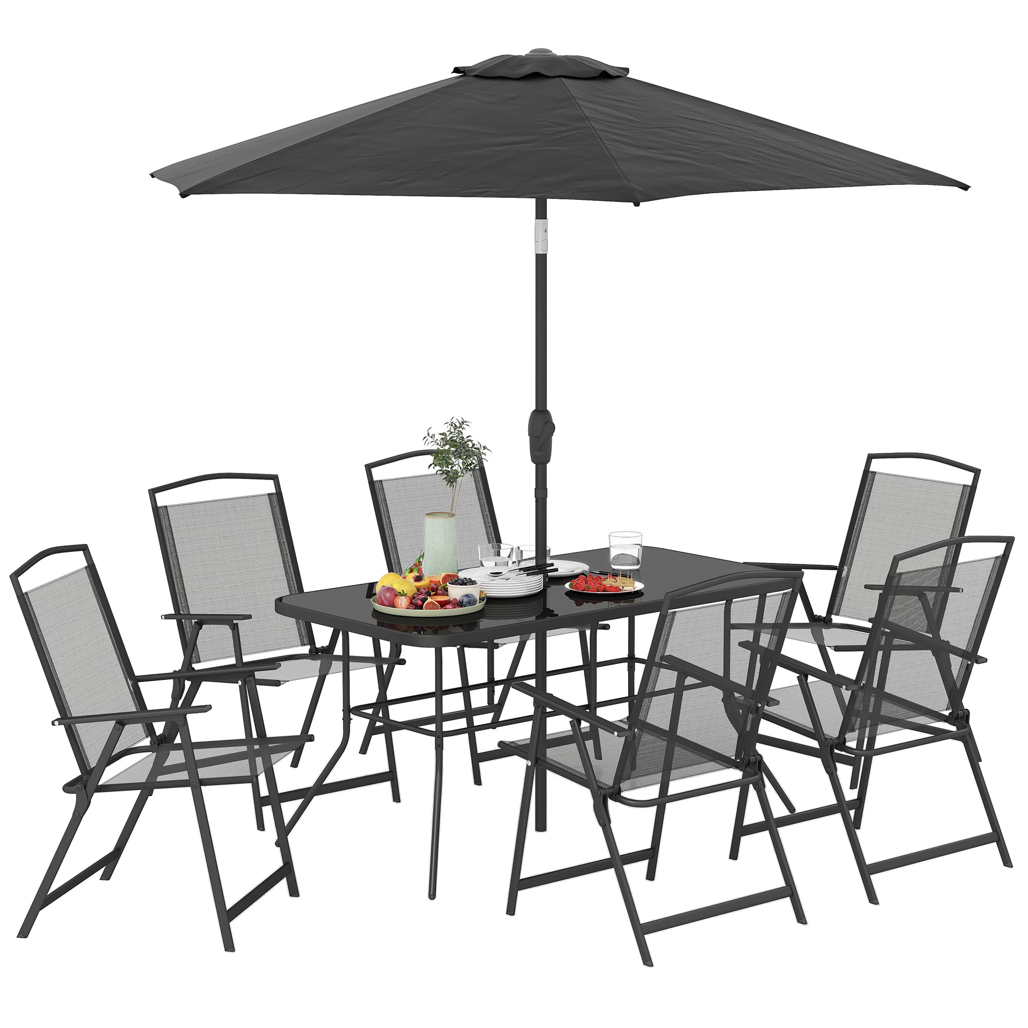 Outsunny - Piece Outdoor Dining Set, Patio Furniture Set with Umbrella, 6 Folding Chairs - Black