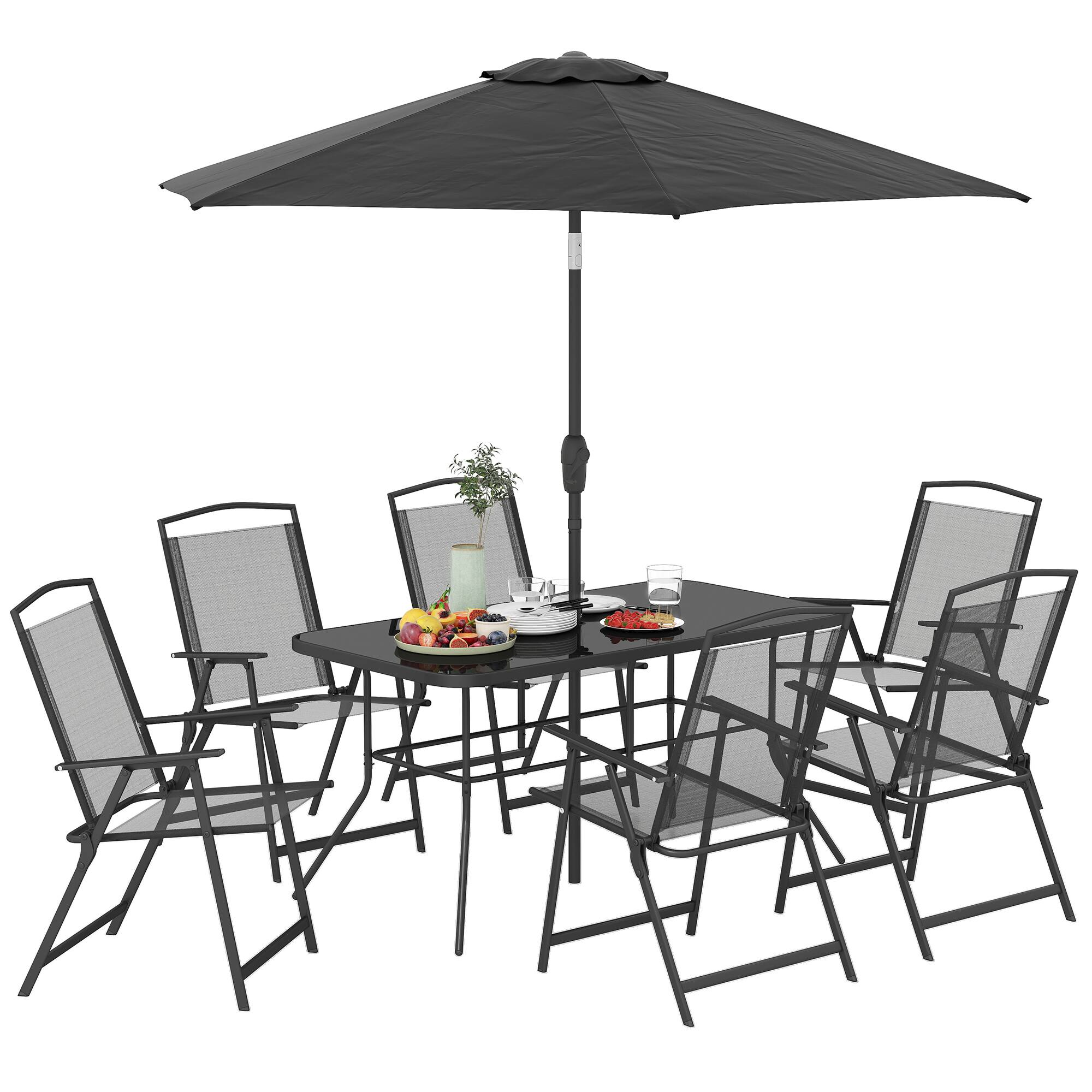 Front. Outsunny - Piece Outdoor Dining Set, Patio Furniture Set with Umbrella, 6 Folding Chairs - Black.