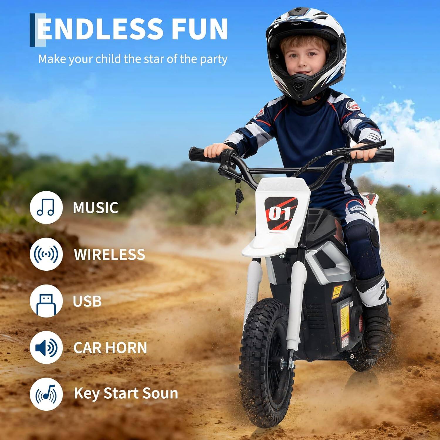 ENDLESS FUN  
Make your child the star of the party  

- MUSIC  
- WIRELESS  
- USB  
- CAR HORN  
- Key Start Sound