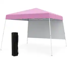Costway - 10 X 10FT Pop up Canopy Tent with 1 Sidewall, Portable Backpack, 4 Stakes Slant Leg - Pink