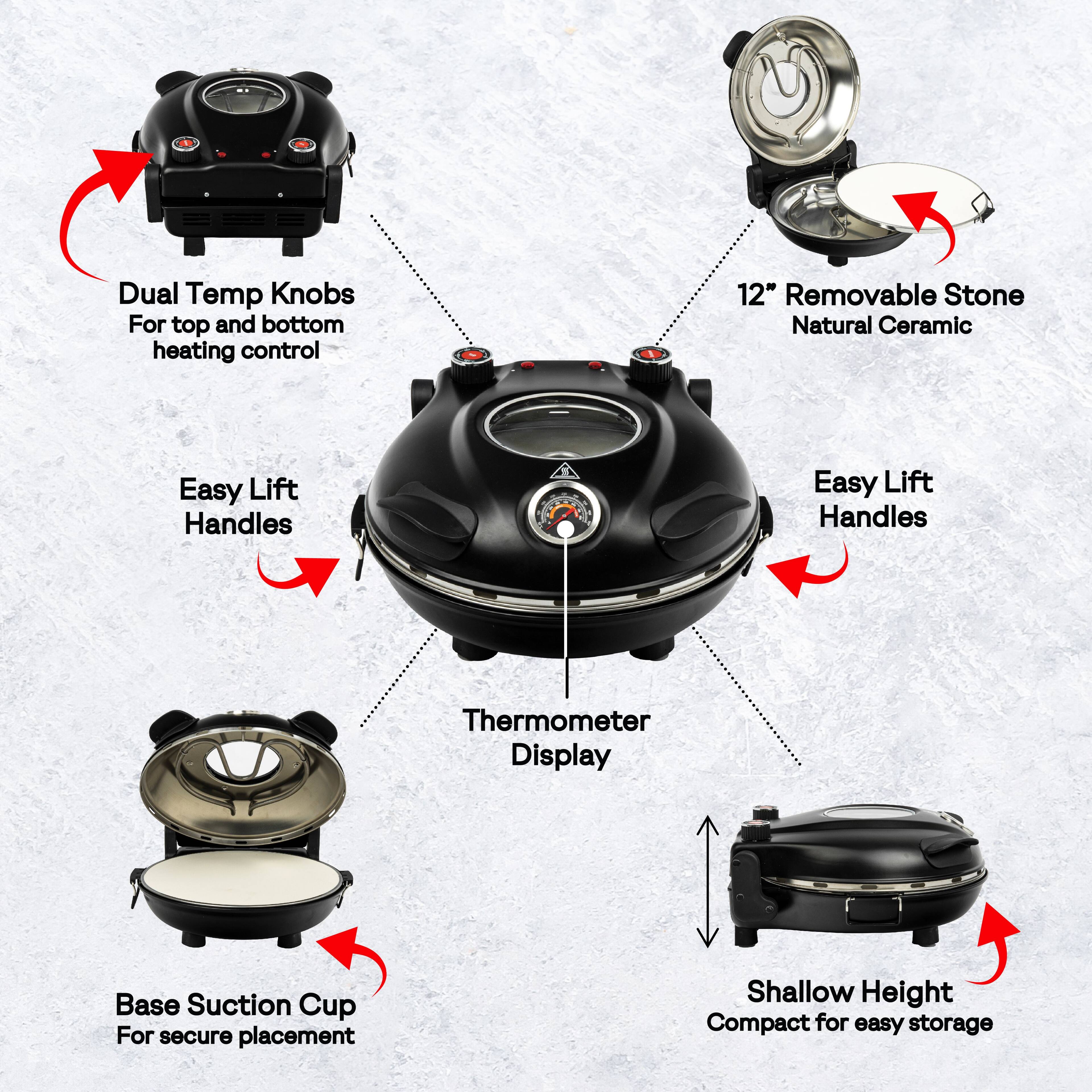 Dual Temp Knobs For top and bottom heating control, 12" Removable Stone Natural Ceramic, Easy Lift Handles, Thermometer Display, Base Suction Cup For secure placement, Shallow Height Compact for easy storage