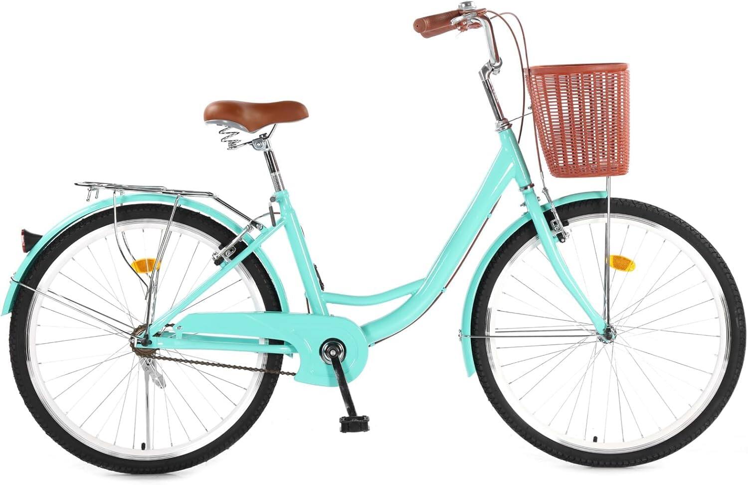 Angle. GARVEE - 26" Women's Beach Cruiser Bike - Step-Through 1-Speed with Basket & Adjustable Seat Comfort Commuter Bicycle - Green.