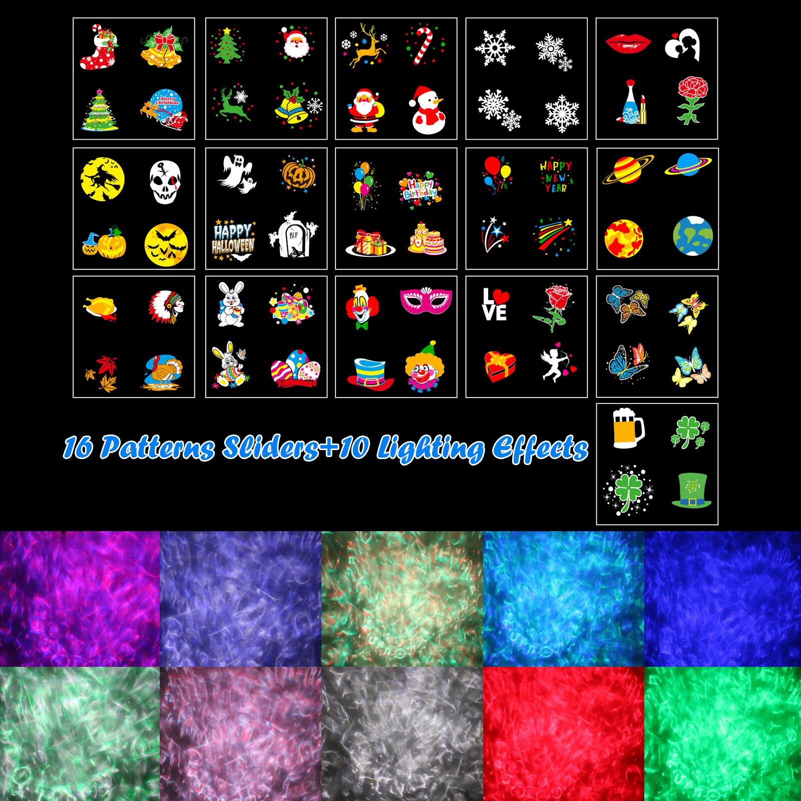 The text on the image can be grouped and corrected as follows:

- "HPY B HAPPY NW YEAR HAPPY HALLOVEEN L VE"
- "16 Patterns Slides+10 Lighting Effects"

Corrected text:
- "Happy New Year Happy Halloween"
- "16 Patterns Slides + 10 Lighting Effects"