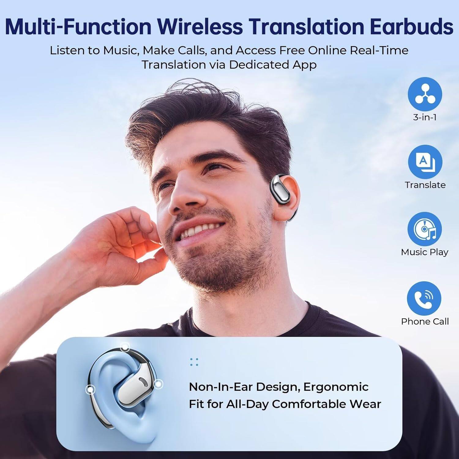 Multi-Function Wireless Translation Earbuds

Listen to Music, Make Calls, and Access Free Online Real-Time Translation via Dedicated App

3-in-1
Translate
Music Play
Phone Call

Non-In-Ear Design, Ergonomic Fit for All-Day Comfortable Wear