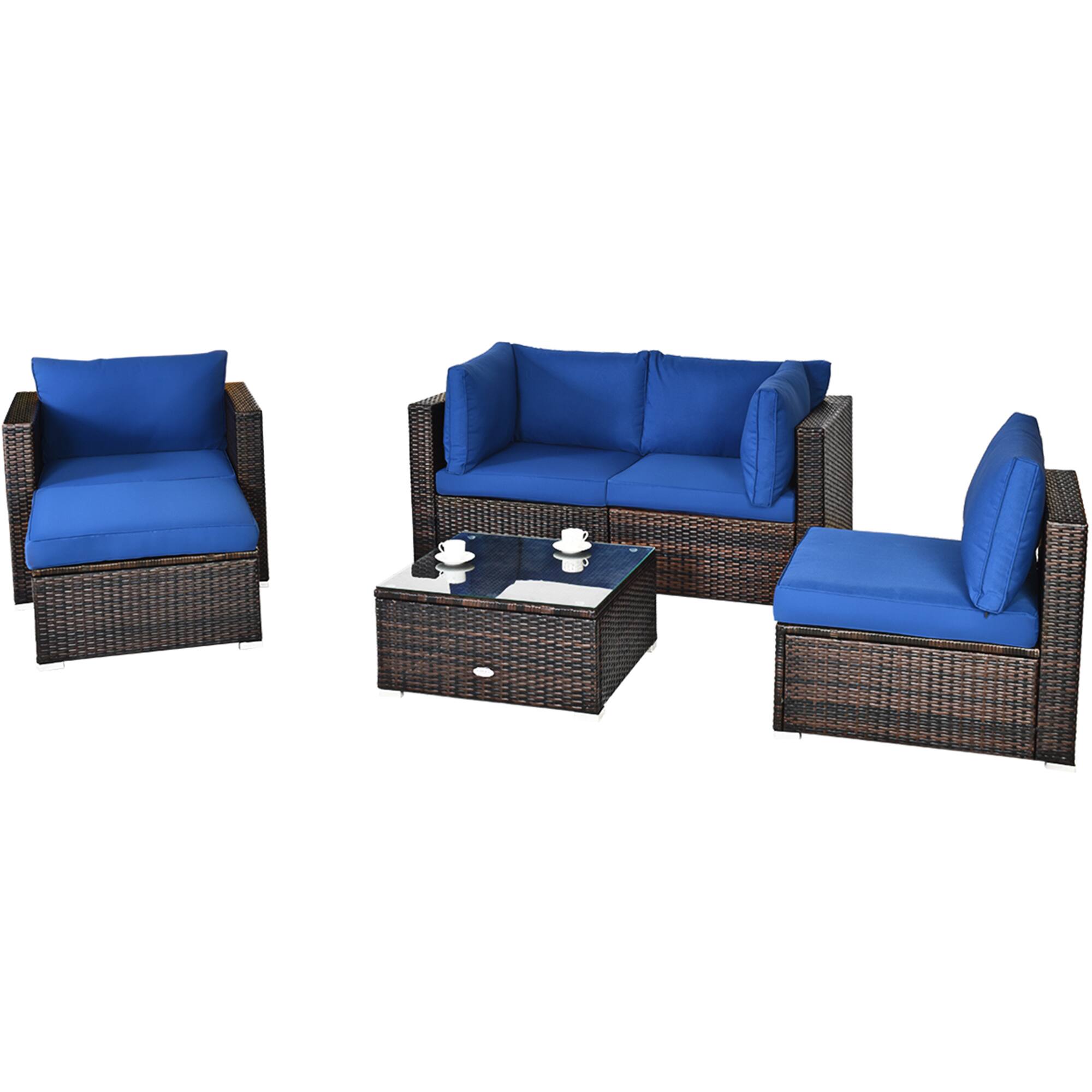 Alt View 1. Gymax - Gymax 6PCS Patio Conversation Set Rattan Sectional Furniture Set w/ Navy Cushion - Navy.