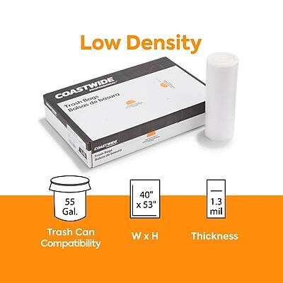Low Density  
COASTWIDE Bags  
Trash Bags  
Bolsas de basura  

55 Gal.  
Trash Can Compatibility  

40" x 53"  
W x H  

1.3 mil  
Thickness