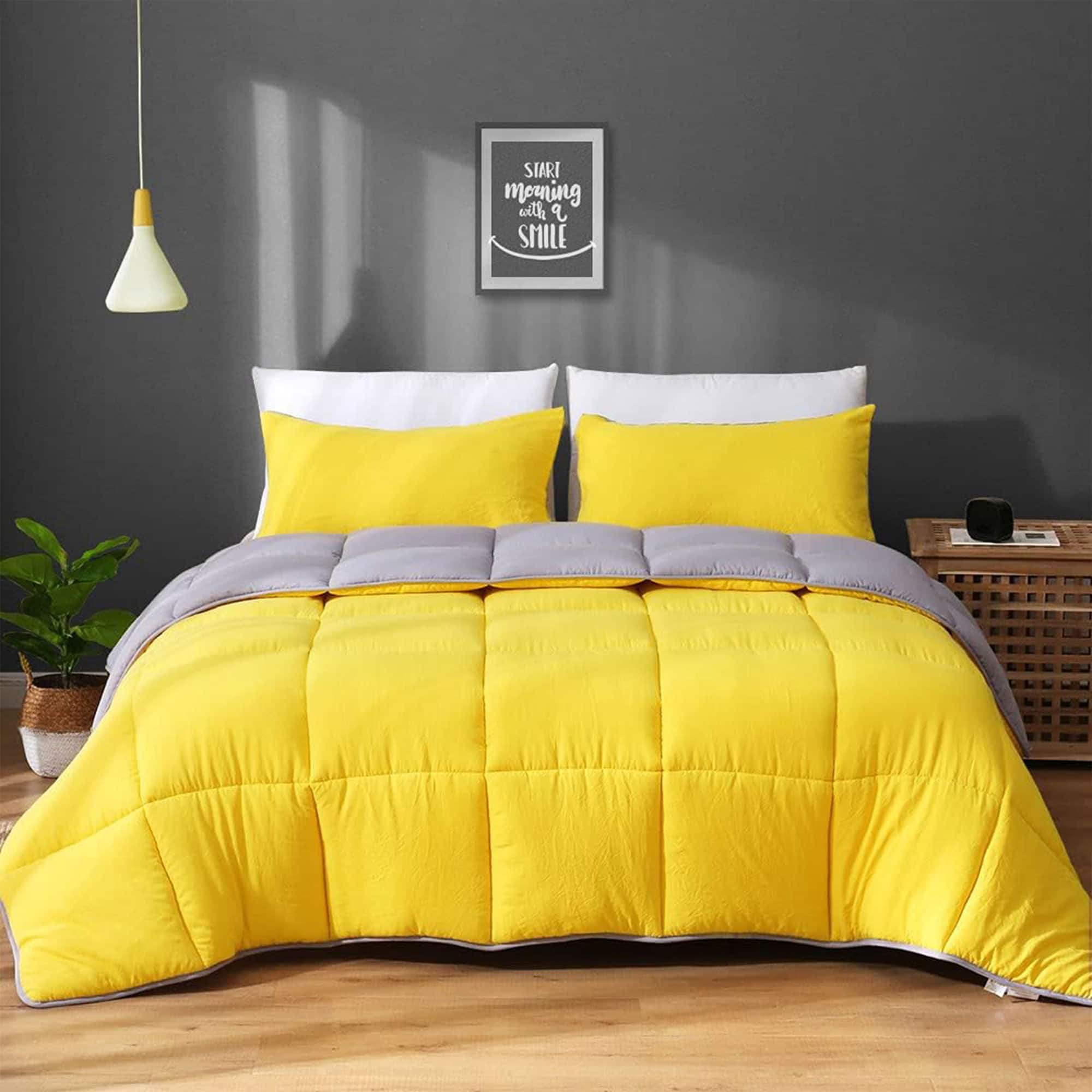 APSMILE - Reversible King Ultra Soft Fluffy Microfiber Bed Comforter, Yellow/Gray - Chrome Yellow/Gray