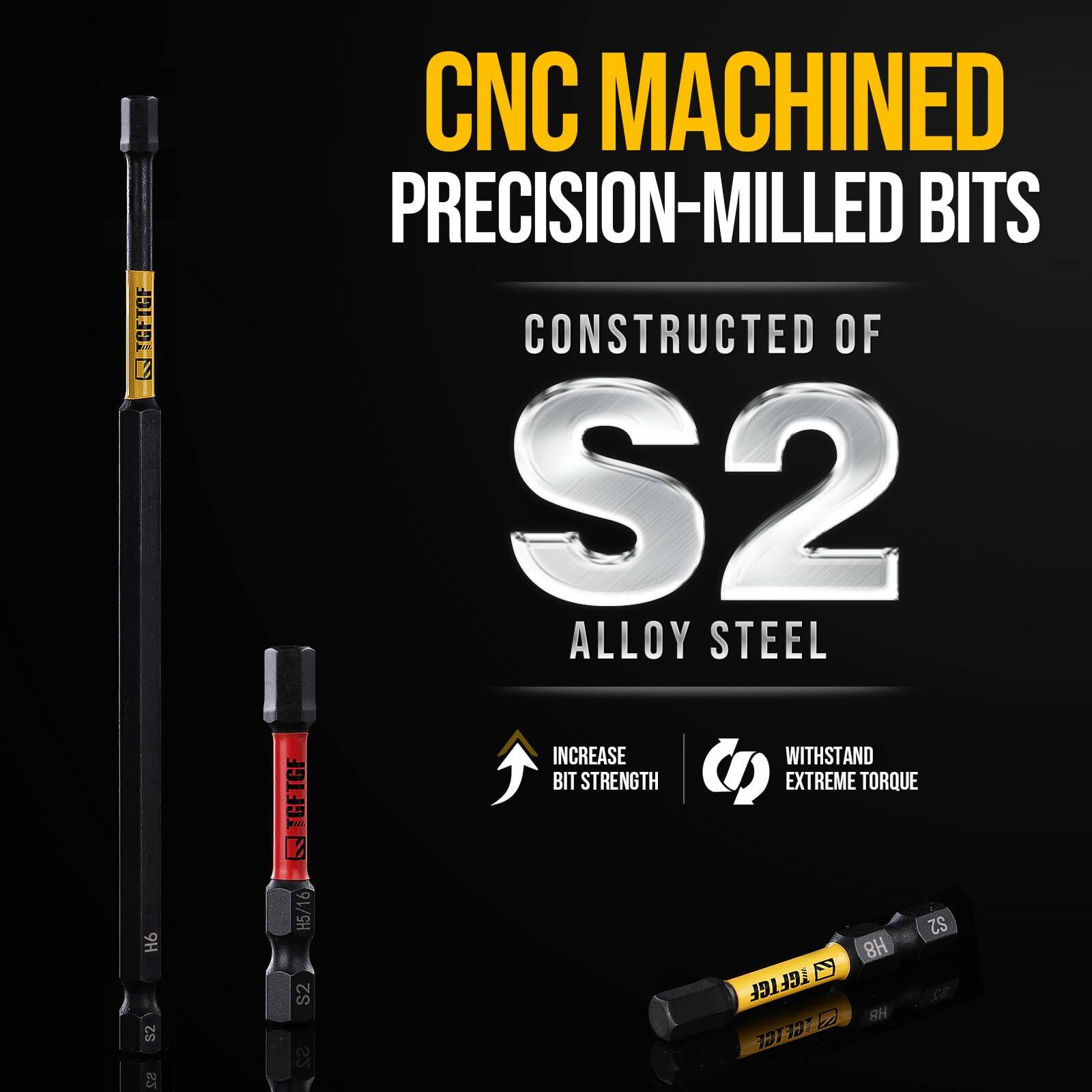 CNC MACHINED PRECISION-MILLED BITS  
CONSTRUCTED OF S2 ALLOY STEEL  
INCREASE BIT STRENGTH  
WITHSTAND EXTREME TORQUE