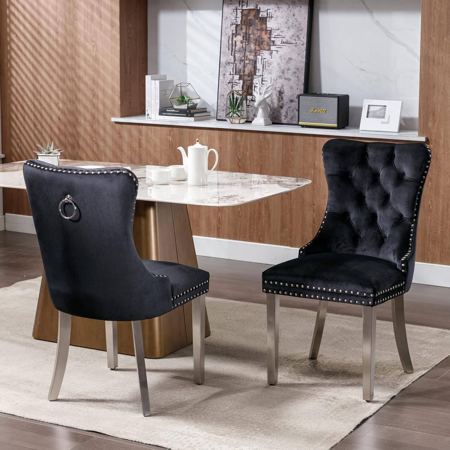 Alt View 3. Trinkets Crazed - Velvet Dining Chair Set of 2 Upholstered Tufted Dining Room Chair with Nailhead Trim - black.