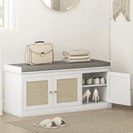 Homcom - Storage Bench with Woven Rattan Doors, Shoe Bench with Cushion, Adjustable Shelves - White