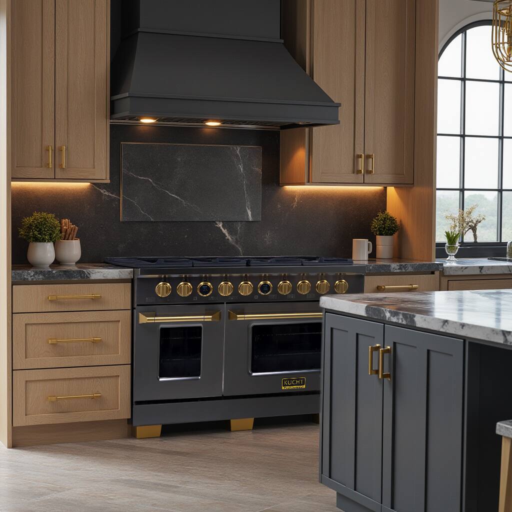 Alt View 5. Kucht - 48 in. 6.7 cu. ft. 8 Burners Dual Fuel Range for Propane Gas in Titanium Stainless Steel + Under Cabinet Range Hood - Gemstone with Gold accents.