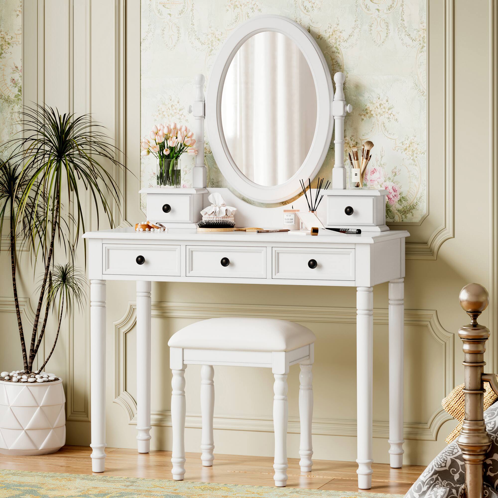 Alt View 1. Ecooso - Makeup Vanity with Adjustable Mirror, Velvet 5-Drawers & Cushioned Stool - White.