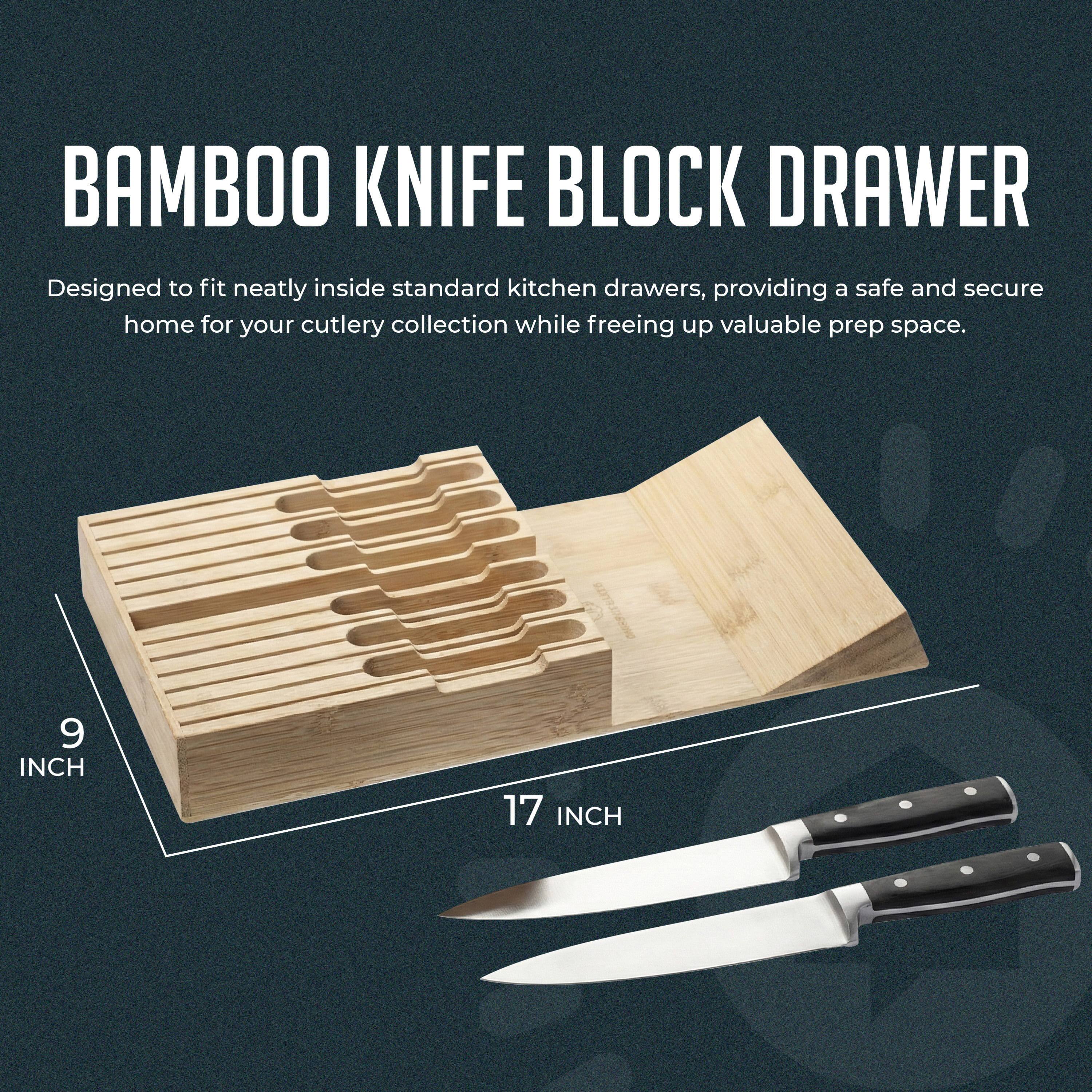 BAMBOO KNIFE BLOCK DRAWER  
Designed to fit neatly inside standard kitchen drawers, providing a safe and secure home for your cutlery collection while freeing up valuable prep space.  

9 INCH  
17 INCH
