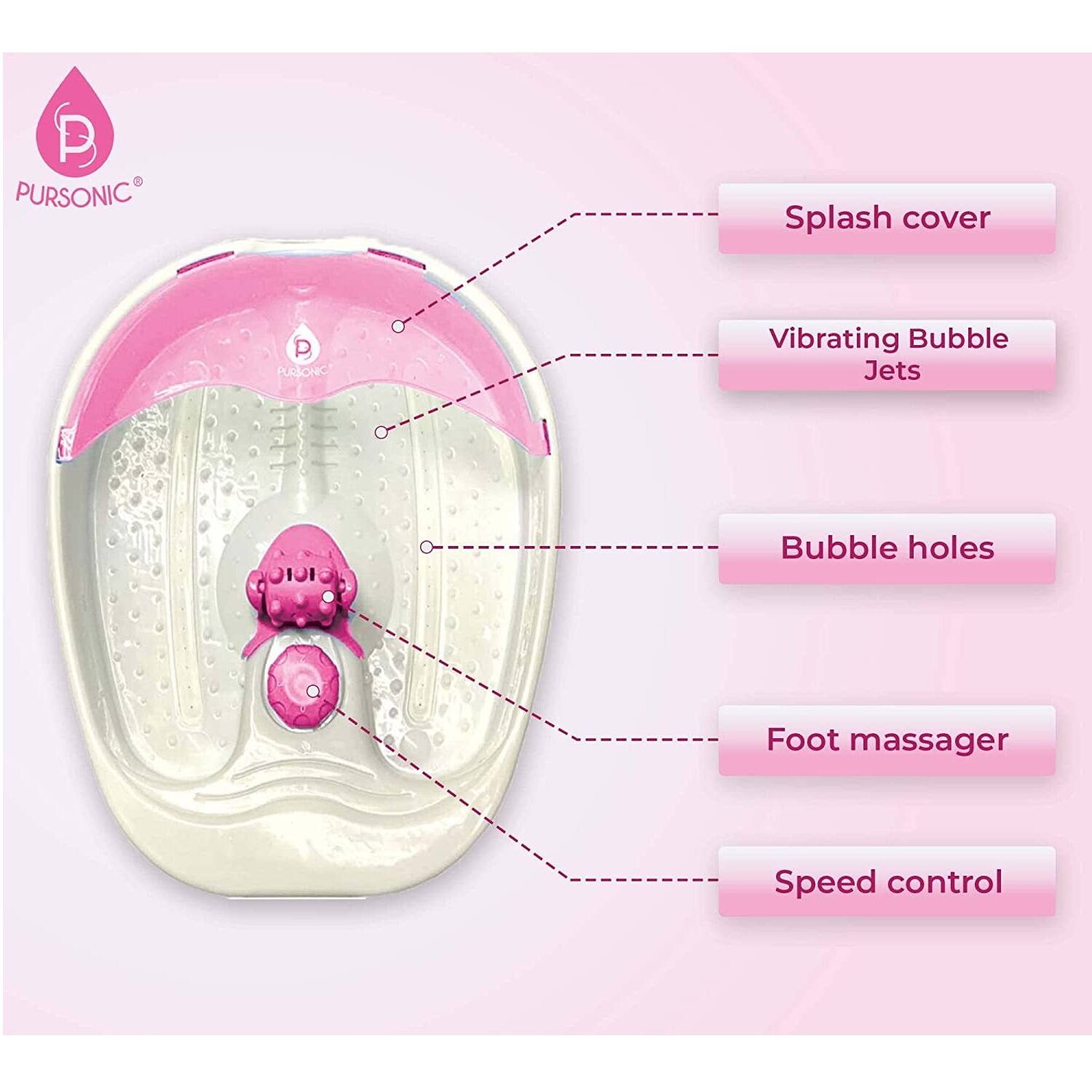 Pursonic Splash cover  
Pursonic Vibrating Bubble Jets  
Bubble holes  
Foot massager  
Speed control