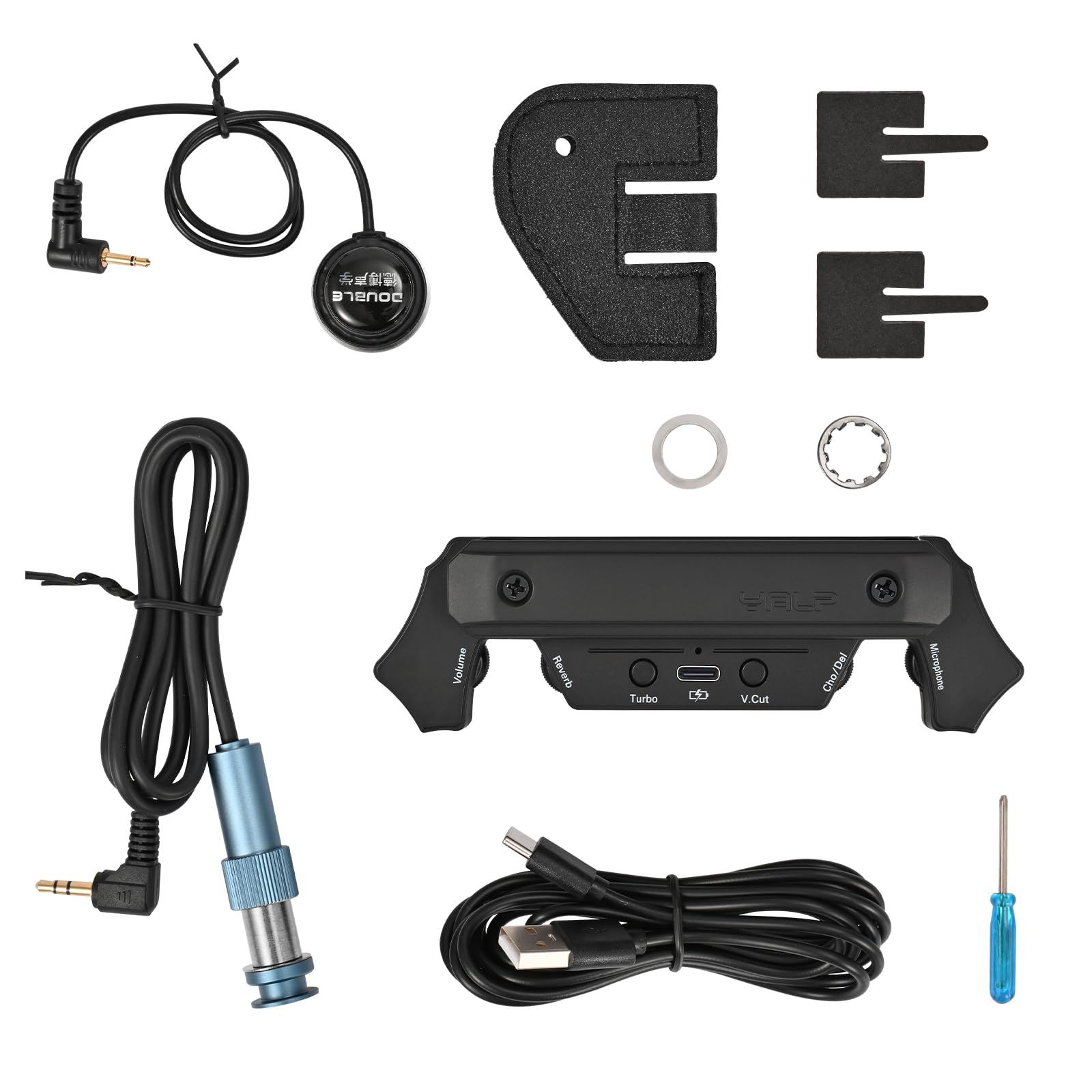 Sure, here is the corrected and grouped text from the image:

- **Double GE F O Volume Reverb Turbo Sale Cho/Del V.Cut Microphone**

- **YALP**

- **Turbo**

- **V.Cut**

- **Chorus Delay**

- **Microphone**

- **Power**

- **Cone**

- **E** (power adapter)

- **E** (power adapter)

- **E** (power adapter)

- **E** (power adapter)