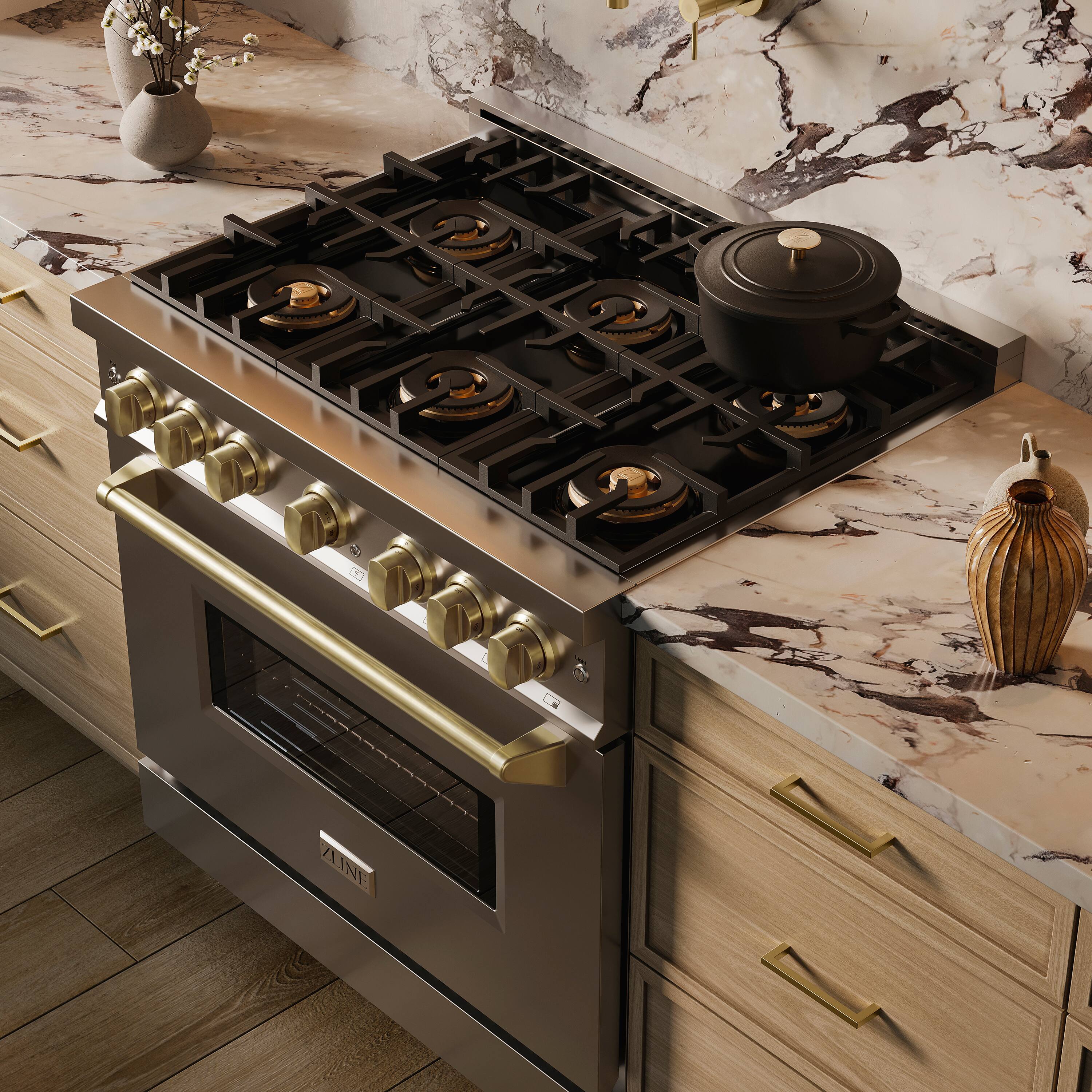 Alt View 6. ZLINE - Autograph 36 in. 5.2 cu. ft. Classic Freestanding DuoPro Gas Range with Convection Oven & Champagne Bronze Accents - Stainless Steel.