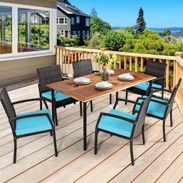 Gymax - 7PCS Patio Dining Furniture Set Yard w/ Wooden Tabletop Cushions - Turquoise