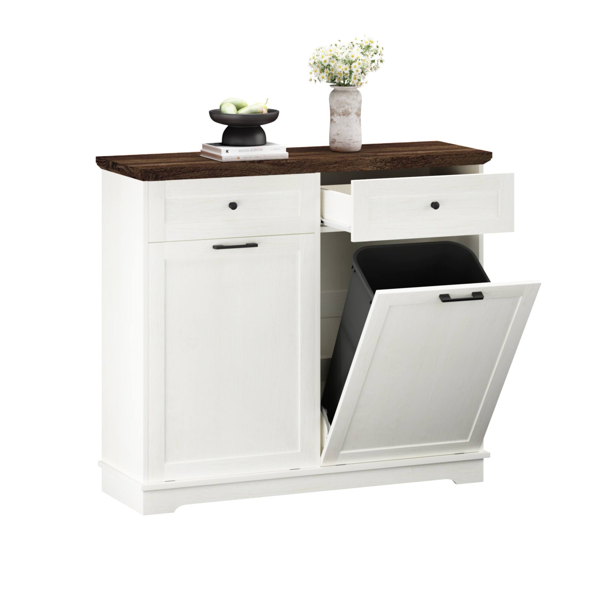 Left. COWLOWN - 20 Gallon Double Tilt-Out Trash Can Cabinet with Drawer Antique White - White.