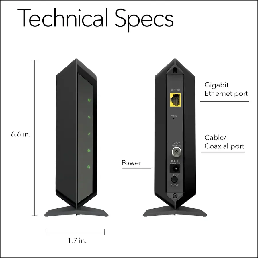Technical Specs:

* Ethernet: Gigabit Ethernet port
* Reset: 6.6 in. Cable/ internet Cable/ Coaxial port
* Power: 0-4-0 nthing__ELDA TDA Power OnVOs - 1.7 in.