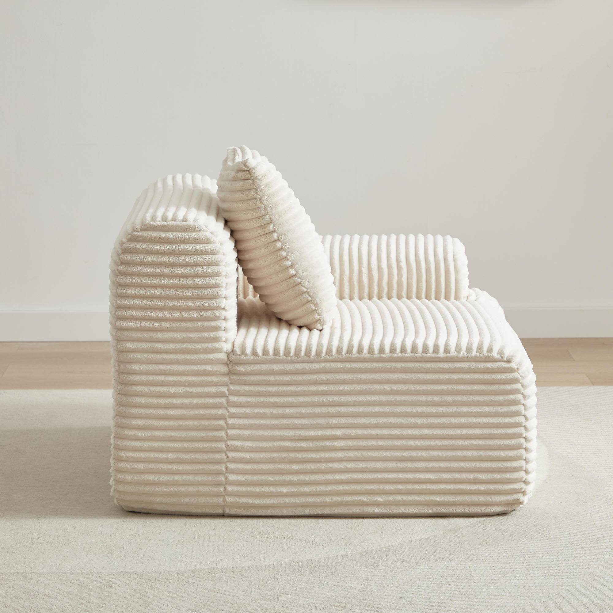 Alt View 8. Meqiodas - Corduroy Modular Sofa Boneless Couch, Featuring an Inlaid Structural Design, Three Throw Pillows, Wider Backrest Design - Beige.