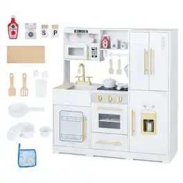 Costway - Wooden Play Kitchen for Kids with Realistic Lights & Sounds, Sink, Ice Maker, Stove - White
