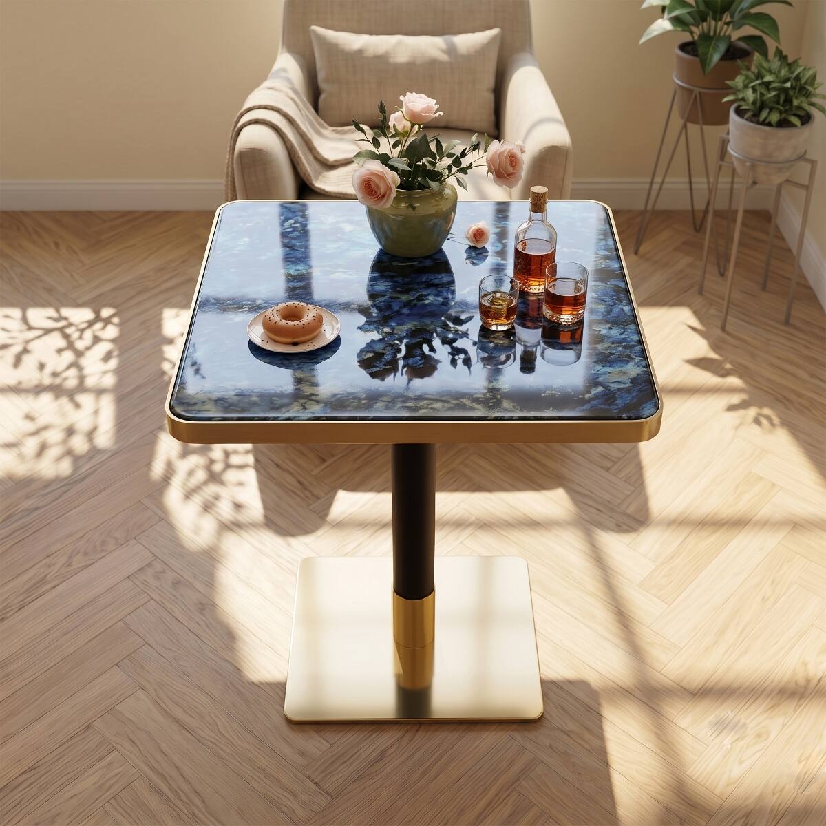 Alt View 6. Loheer - Loheer Small Square Dining Table, Blue Agate Marble Look Top with Gold Edge, 23.7-Inch Bistro Table - Black, Blue, Gold.