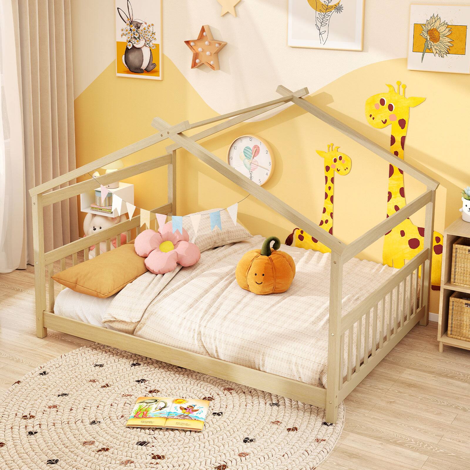 Alt View 1. Costway - Costway Full Size House Bed with Roof Wooden Low Floor Bed No Box Spring Needed - Beige.