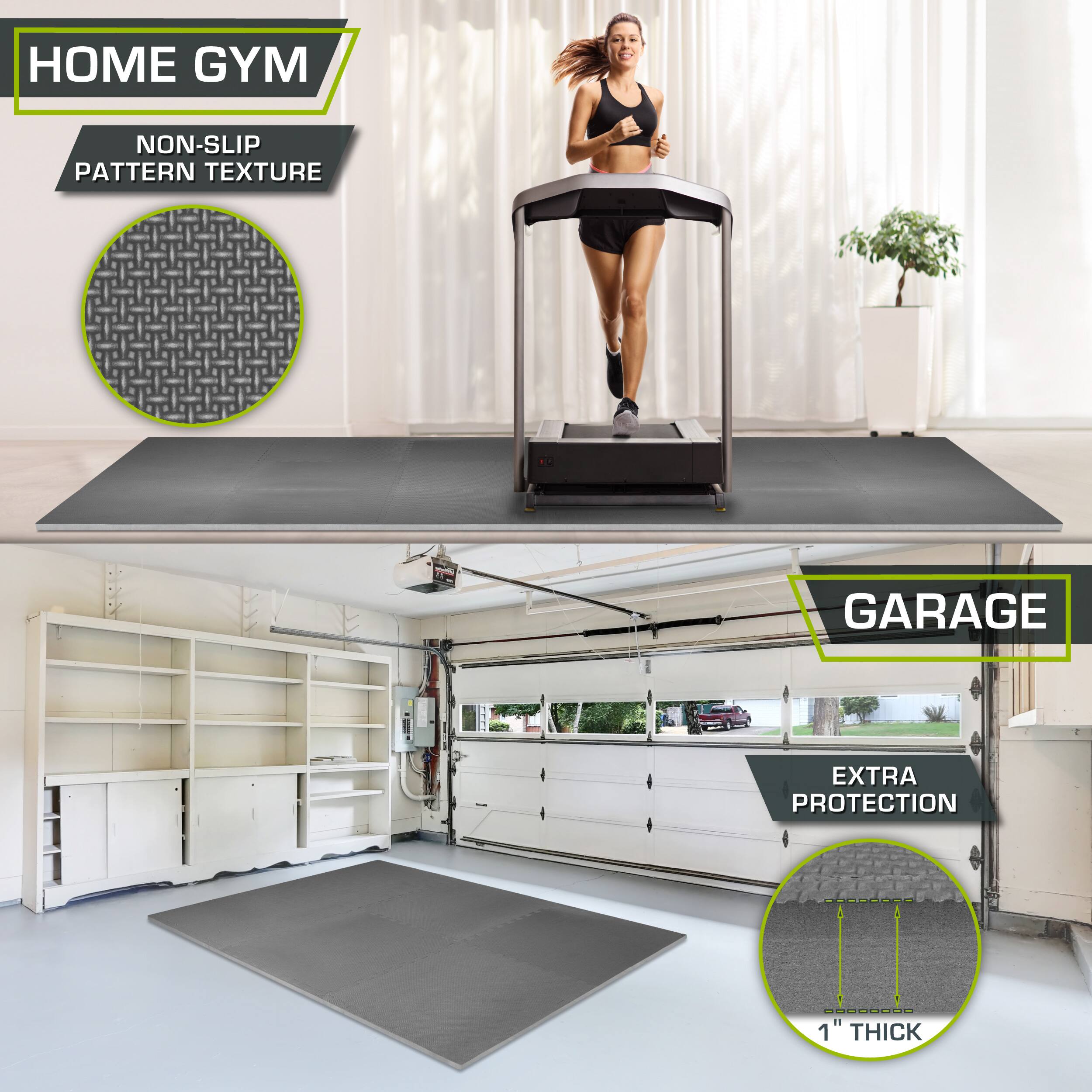 The corrected text from the image is:

- HOME GYM
- NON-SLIP PATTERN TEXTURE
- GARAGE
- EXTRA PROTECTION
- 1" THICK