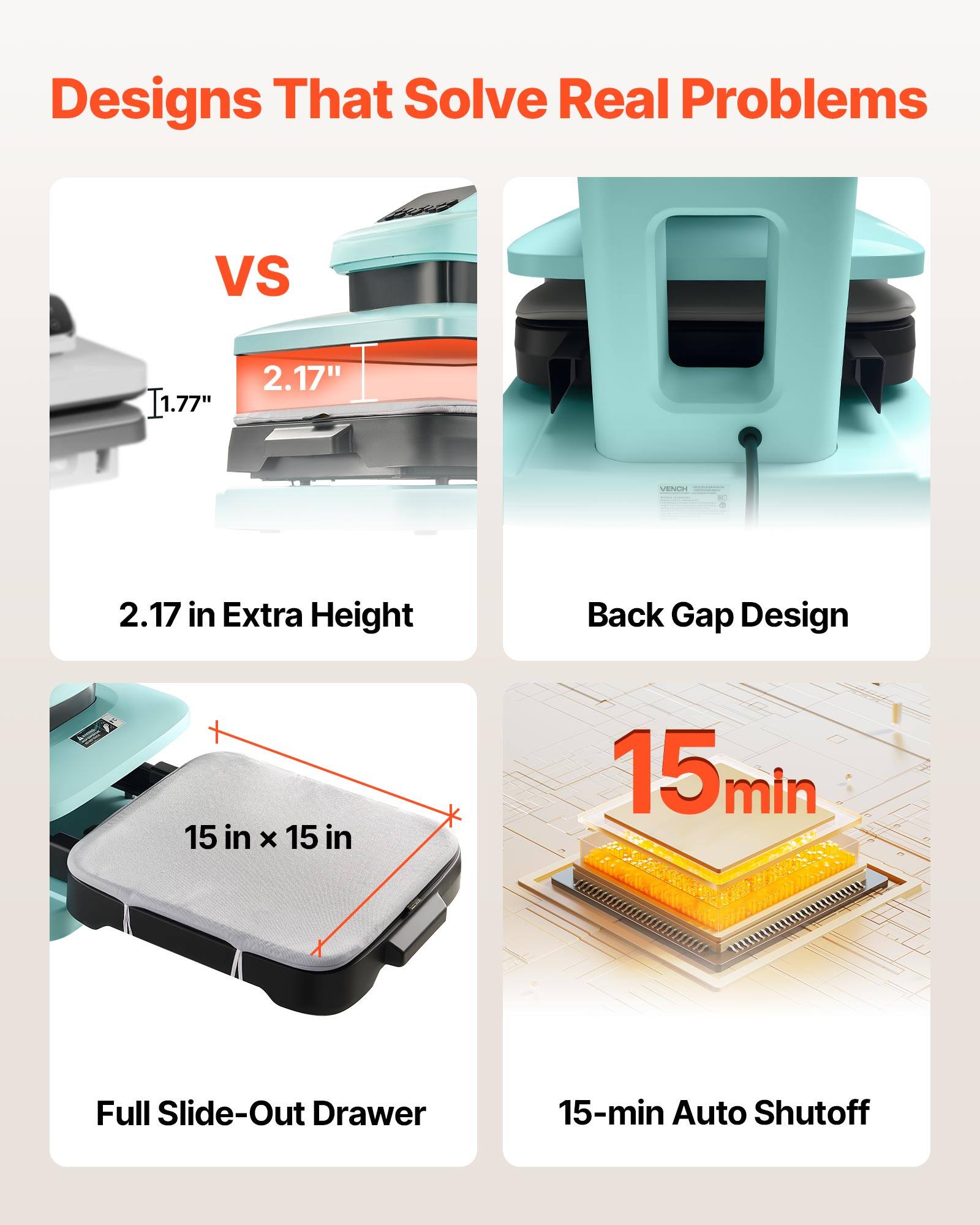 Designs That Solve Real Problems

VS

1.77" 2.17" VENCEI

2.17 in Extra Height

Back Gap Design

15 in x 15 in

Full Slide-Out Drawer

15-min Auto Shutoff