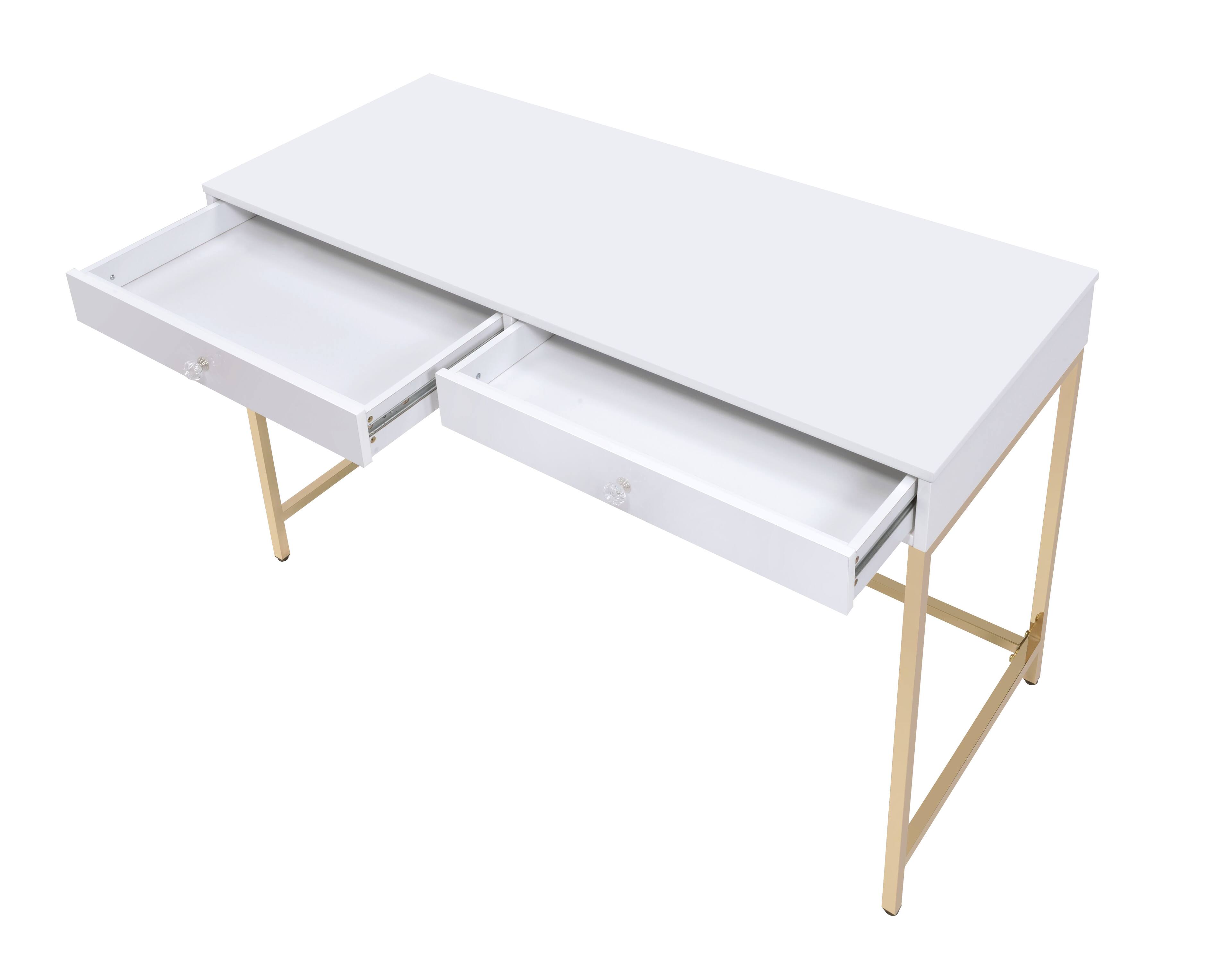 Left. TinyHomie - Ottey White High Gloss and Gold Finish Writing Desk - White.