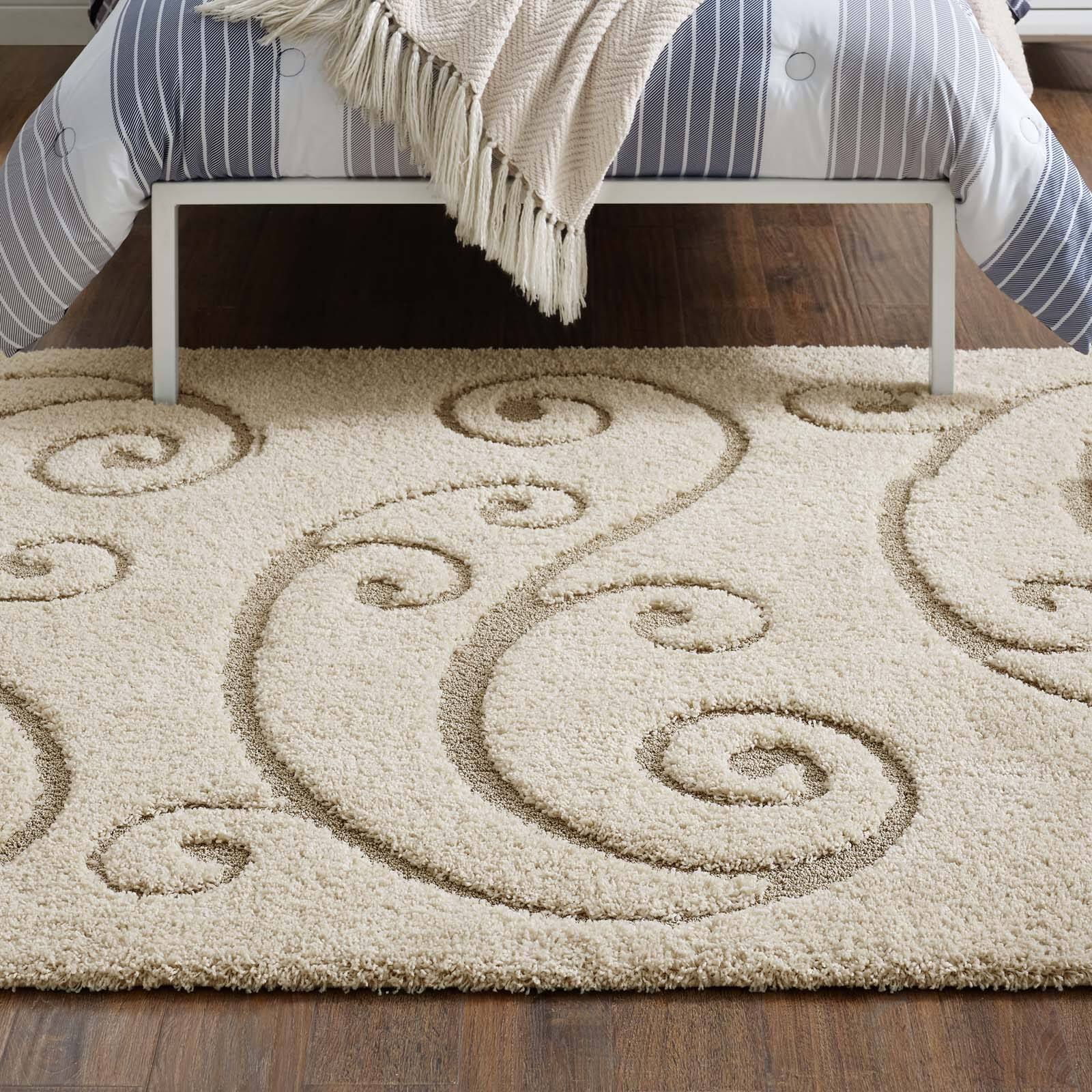 Left. Modway - Jubilant Sprout Scrolling Vine Shag Area Rug - Creame and Beige.