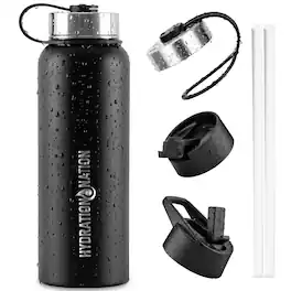 Zulay Kitchen - 3 Lid Multi-Size Vacuum Insulated Water Bottles with Straw by Hydration Nation - Black
