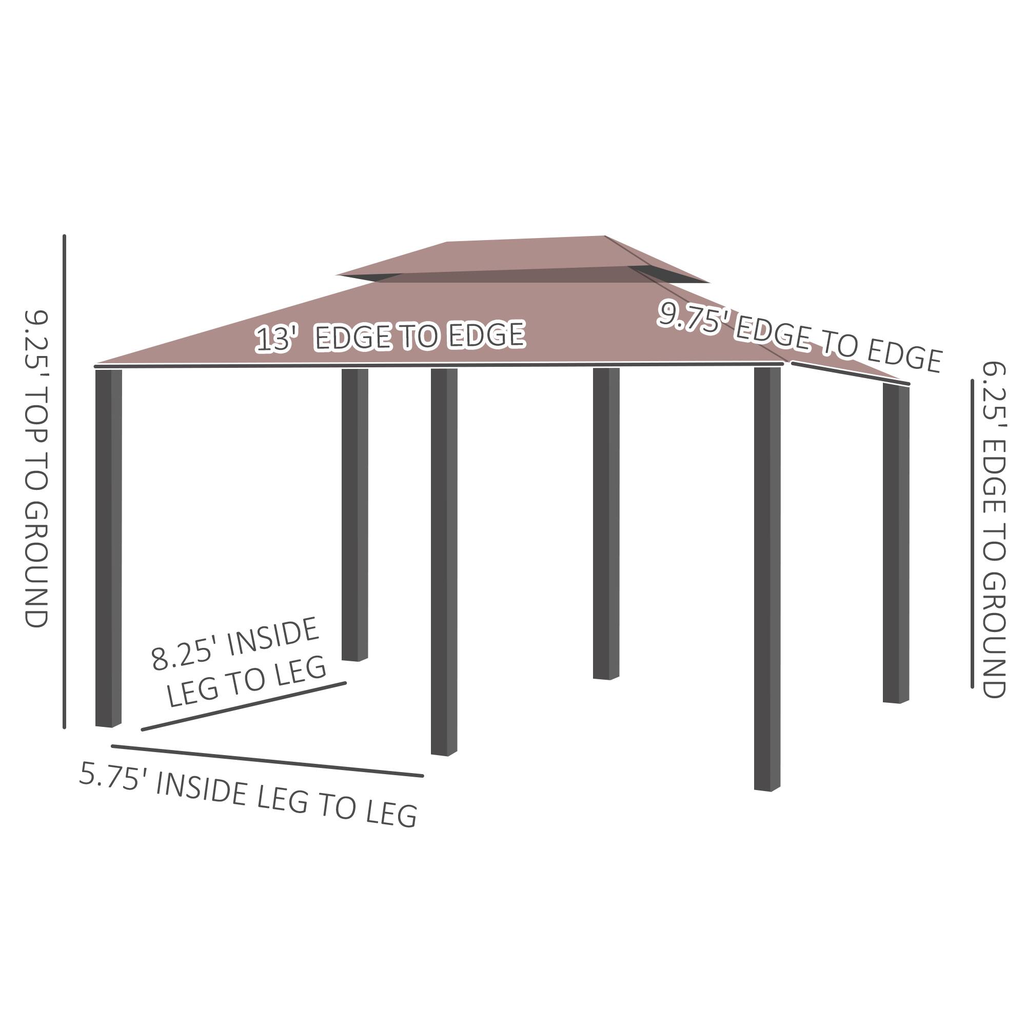 9.25' TOP TO GROUND, 13' EDGE TO EDGE, 8.25' INSIDE LEG TO LEG, 5.75' INSIDE LEG TO LEG, 9.75' EDGE TO EDGE, 6.25' EDGE TO GROUND.