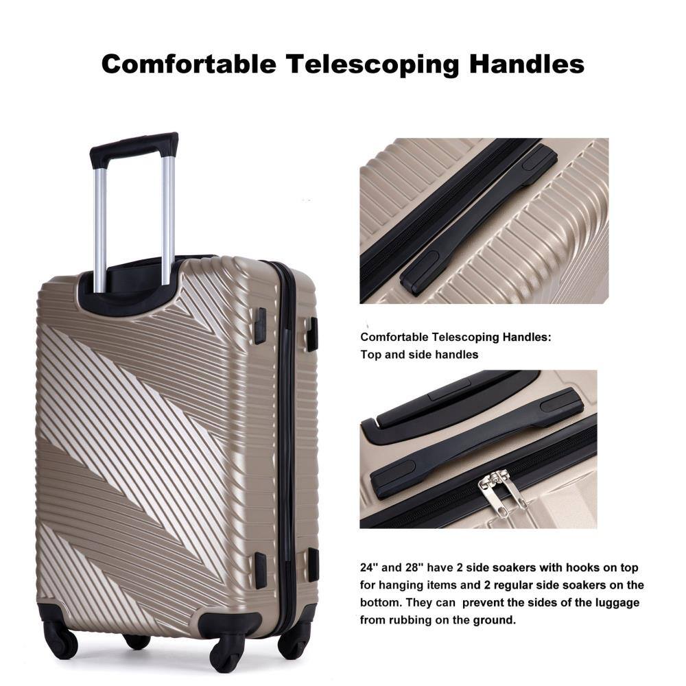 Comfortable Telescoping Handles

Comfortable Telescoping Handles:
- Top and side handles

24" and 28" have 2 side soakers with hooks on top for hanging items and 2 regular side soakers on the bottom. They can prevent the sides of the luggage from rubbing on the ground.