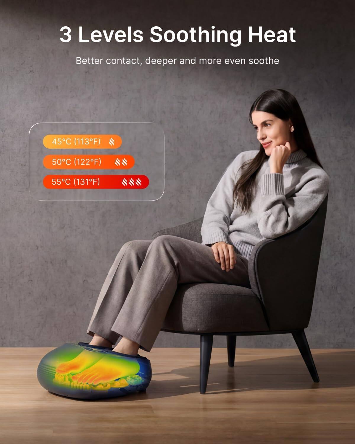 3 Levels Soothing Heat  
Better contact, deeper and more even soothe  
45°C (113°F)  
50°C (122°F)  
55°C (131°F)