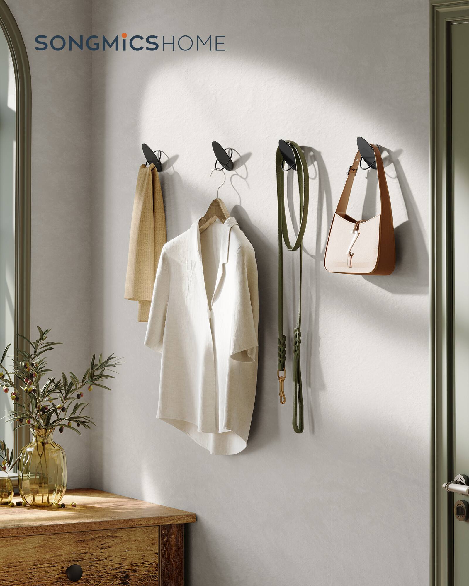 Angle. Songmics Home - Coat Hooks 4 Pack, Wall Hooks for Hanging Coats, Towels, Each Holds up to 11 lb, Egg-Inspired Design, for Living Room - Ink Black.