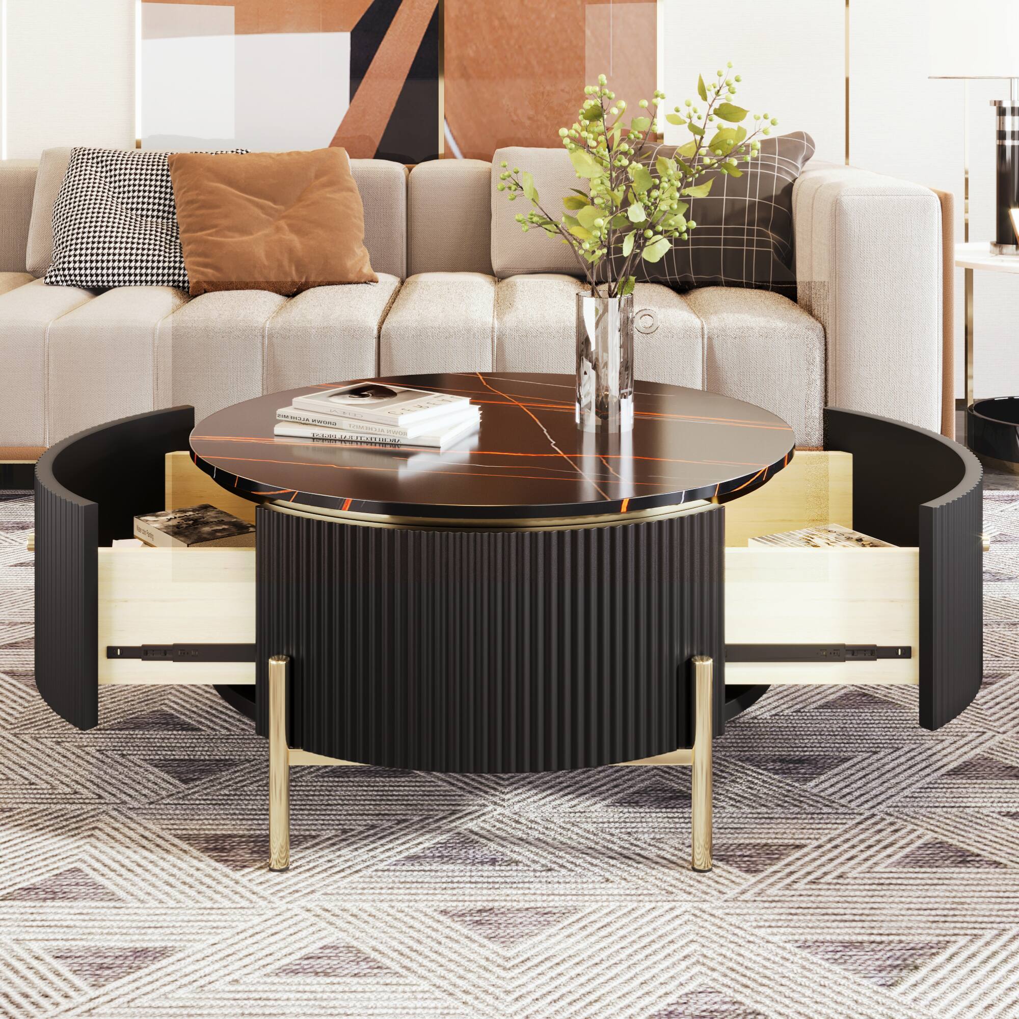 Back. GOODSILO - Contemporary Round Coffee Table with Dual Large Drawers for Enhanced Living Room Storage and Style - Black.