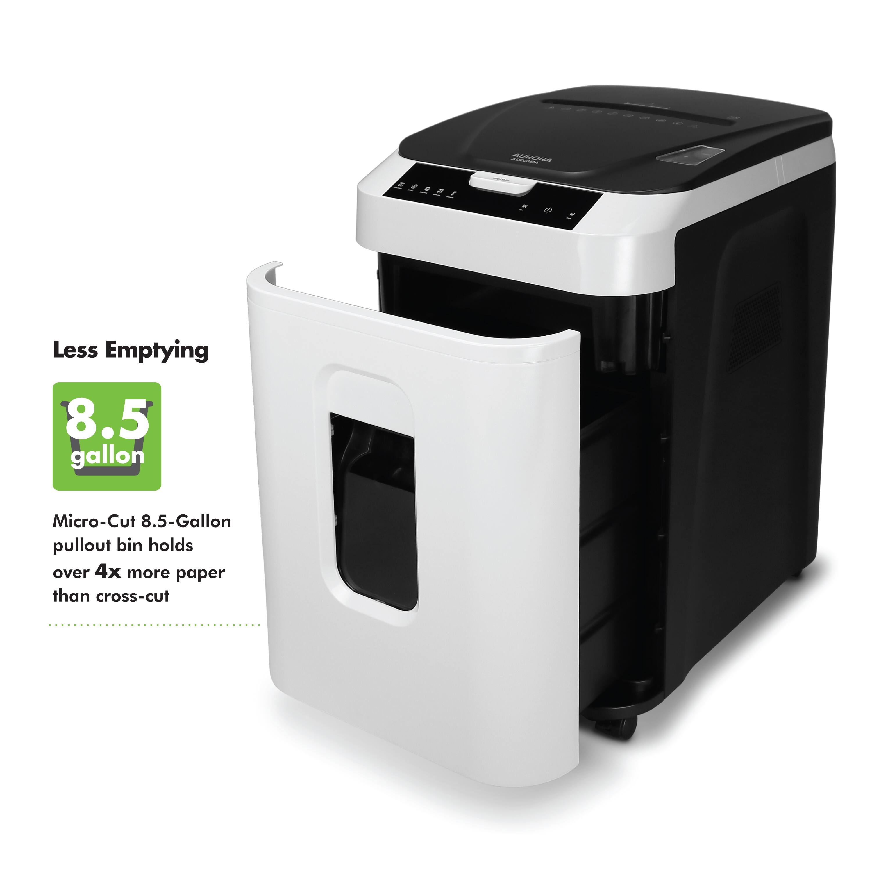 Less Emptying

8.5 gallon

Micro-Cut 8.5-Gallon pullout bin holds over 4x more paper than cross-cut