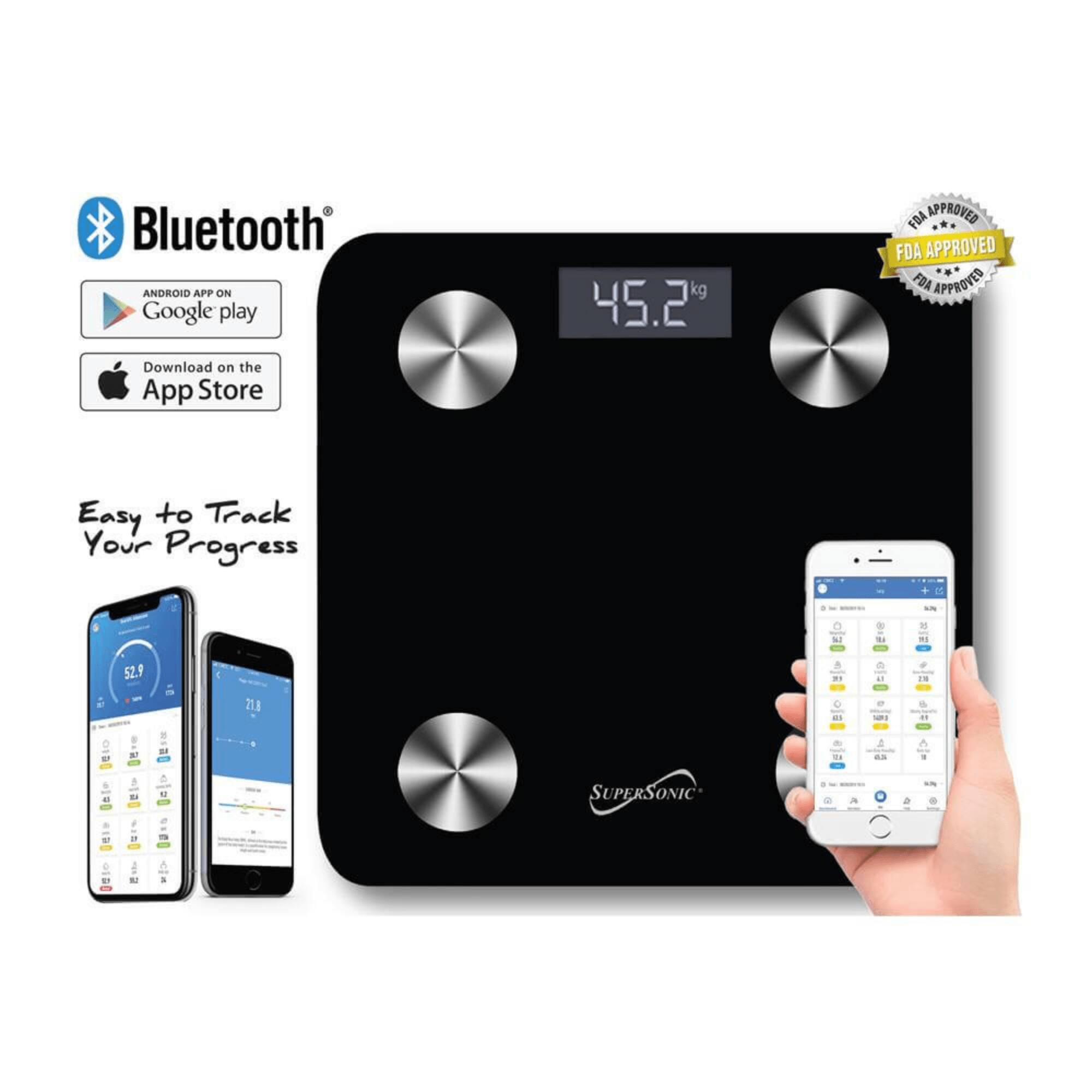 Bluetooth ANDROID APP ON Google play kg 45.2% FDA APPROVED FDA APPROVED Download on the App Store Easy to Track Your Progress M to - 52.9 +e - 1N 211 SUPERSONIC