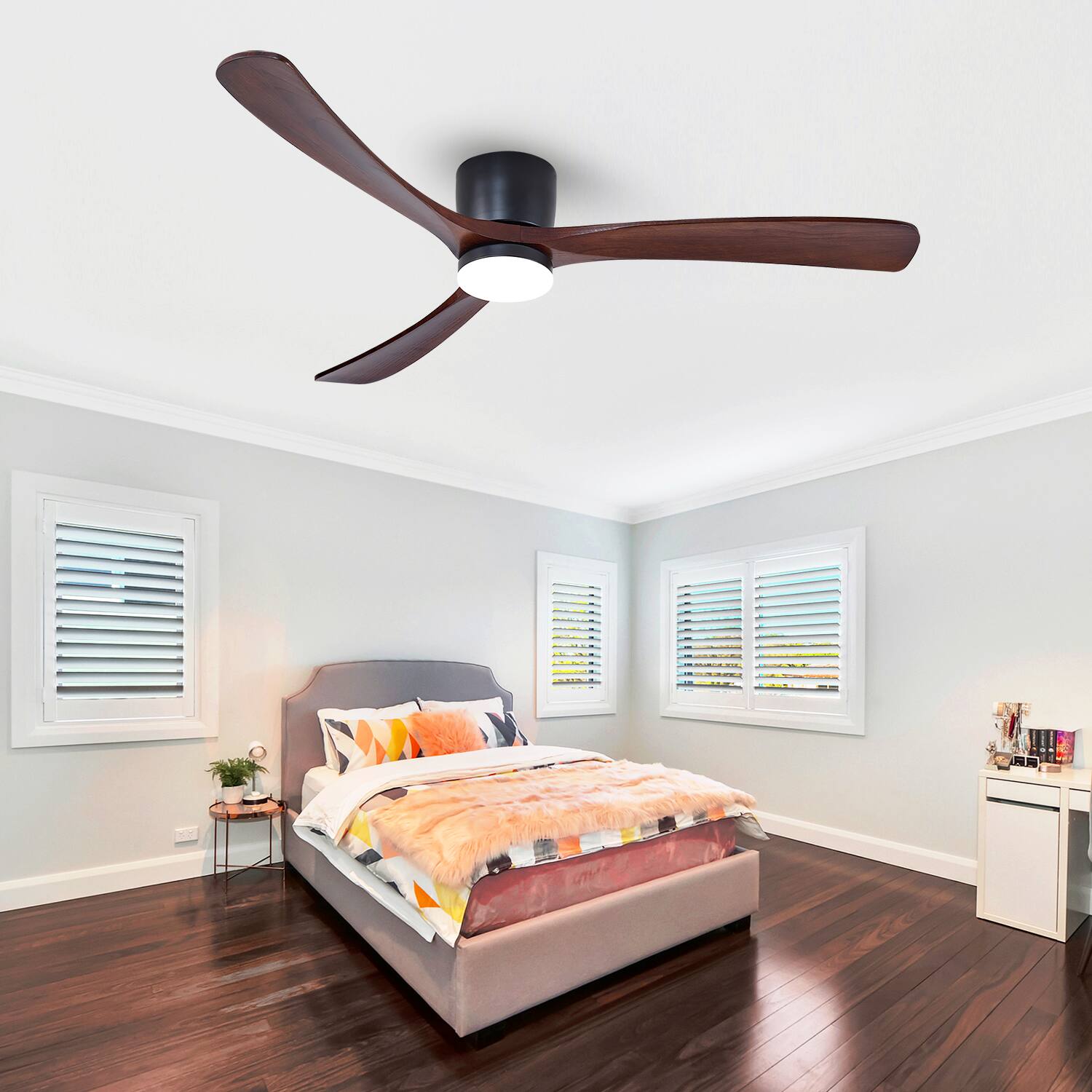 Alt View 5. Domanki - 60" Wood Ceiling Fan with Lights Remote, Reversible DC Motor 6-Speed, 3 Blades Low Profile Flush Mount Ceiling Fans - Black.