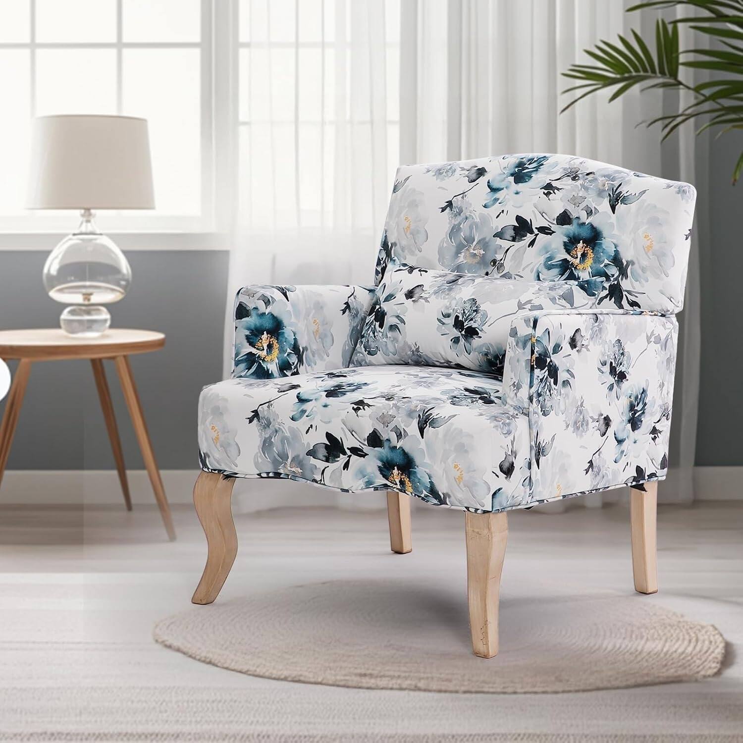 Angle. U-HOMY - Mid-Century Accent Chair with Floral Fabric, Solid Wood Frame & High-Resilience Foam for Living Room - Black/Blue.