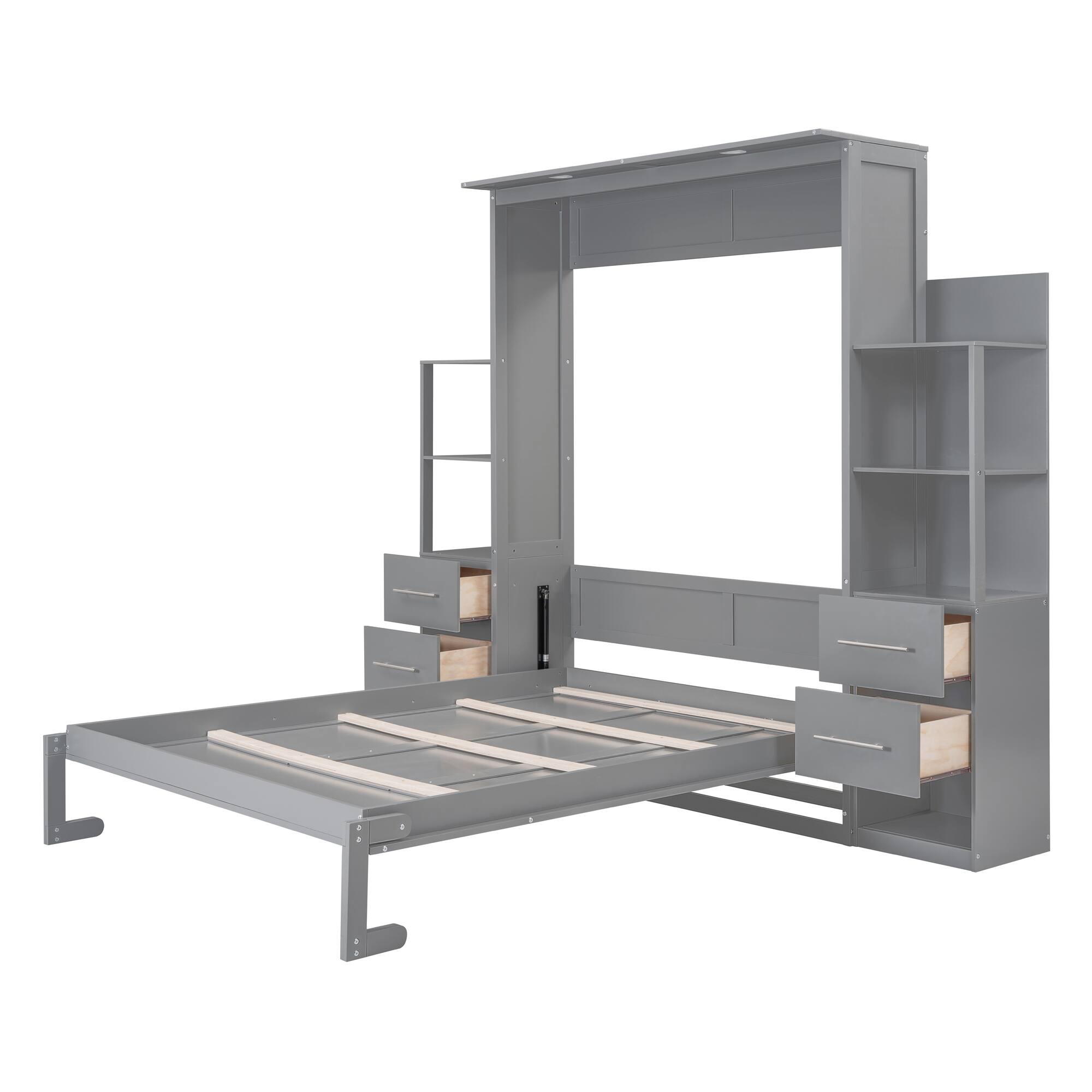 Alt View 2. Tiramisubest - Queen Size Murphy Wall Bed w/ Shelves, Drawers, LED Lights, Gray, 88x104x88 inches, 286 lbs - Gray.