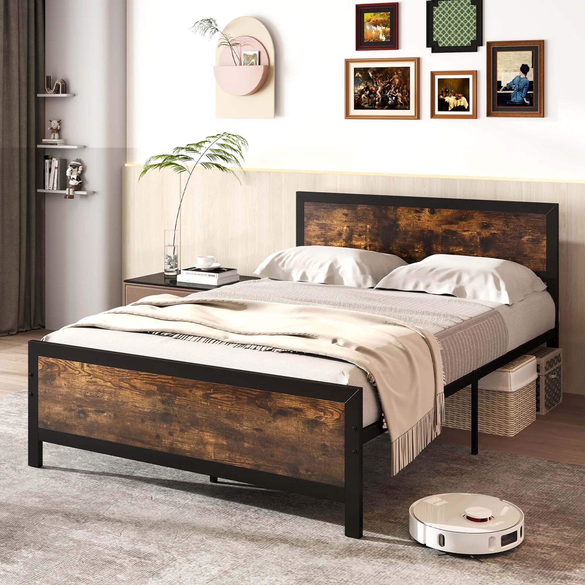 Front. Costway - Full Size Metal Bed Frame with Headboard & Footboard Metal Slats Support - Brown.