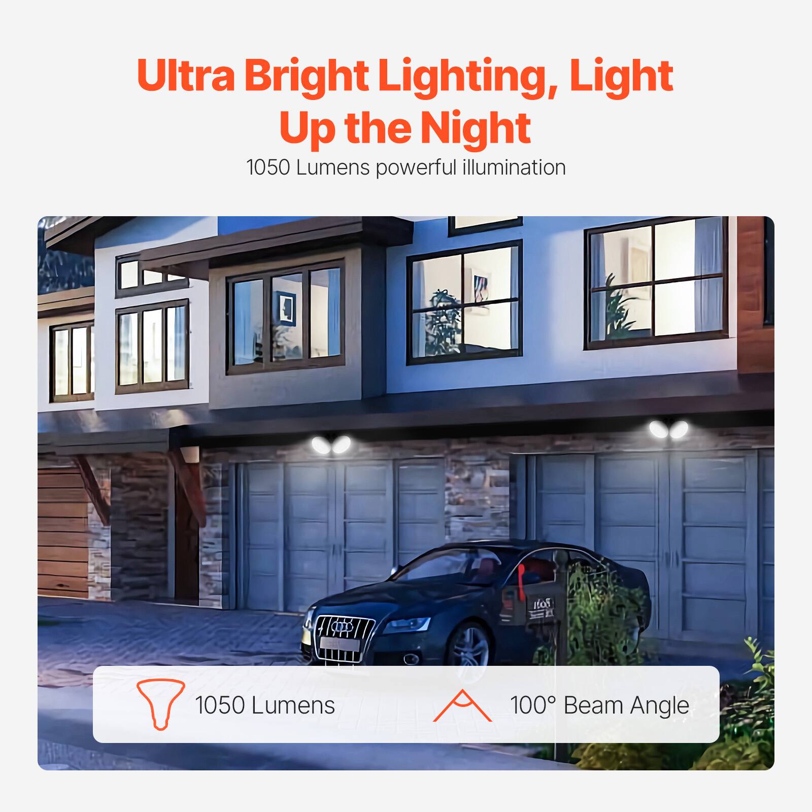 Ultra Bright Lighting, Light Up the Night  
1050 Lumens powerful illumination  

1050 Lumens  
100° Beam Angle