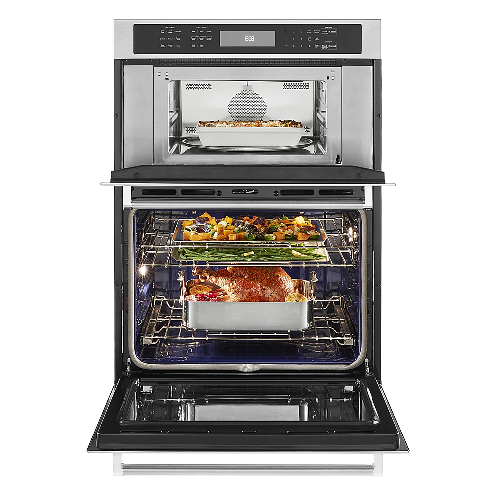 Left View: KitchenAid - 30" Single Electric Convection Wall Oven with Built-In Microwave - Stainless Steel