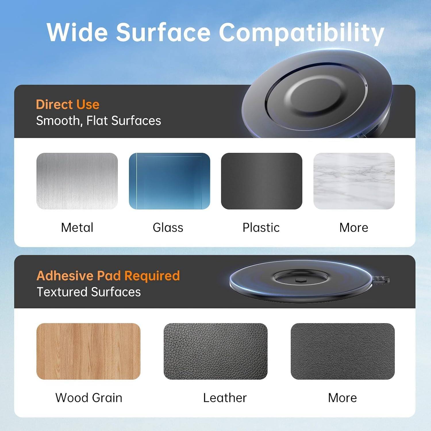 Wide Surface Compatibility

Direct Use
Smooth, Flat Surfaces
Metal
Glass
Plastic
More

Adhesive Pad Required
Textured Surfaces
Wood Grain
Leather
More