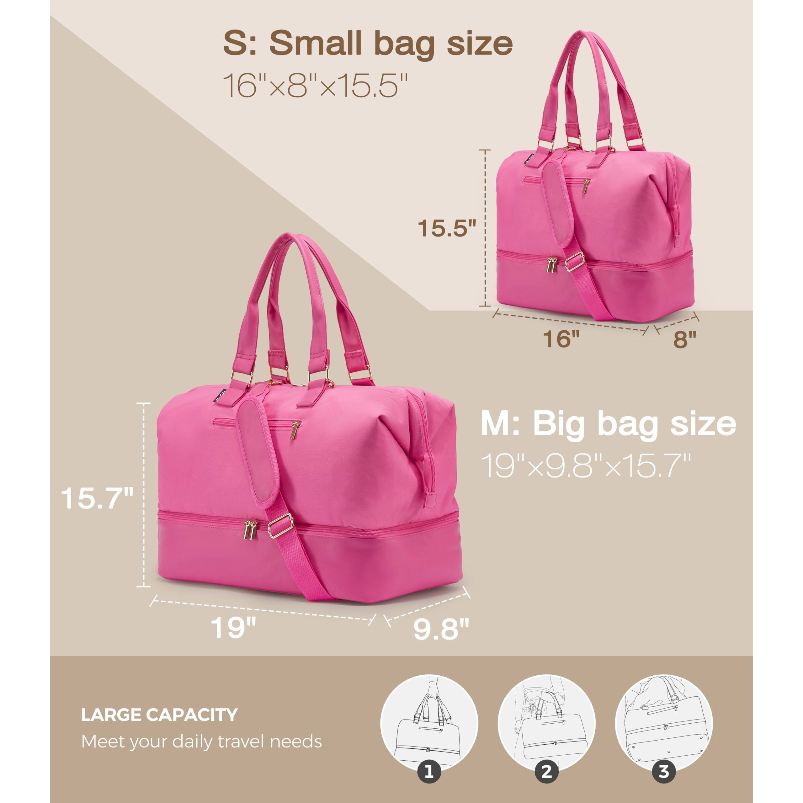 S: Small bag size  
16" x 8" x 15.5"  
15.5"  
16"  
8"  

M: Big bag size  
19" x 9.8" x 15.7"  
19"  
9.8"  
15.7"  

LARGE CAPACITY  
Meet your daily travel needs
