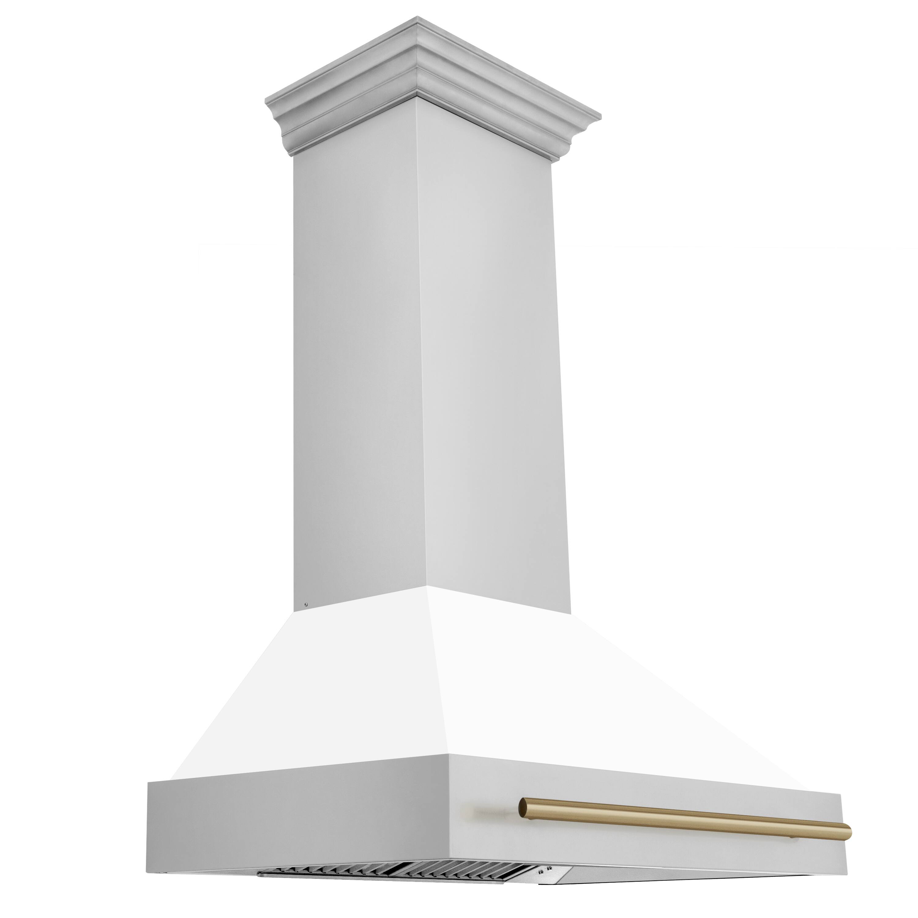 Left. ZLINE - ZLINE Autograph Edition 36 in. Stainless Steel Range Hood with White Matte Shell and Champagne Bronze Handle - Stainless Steel.